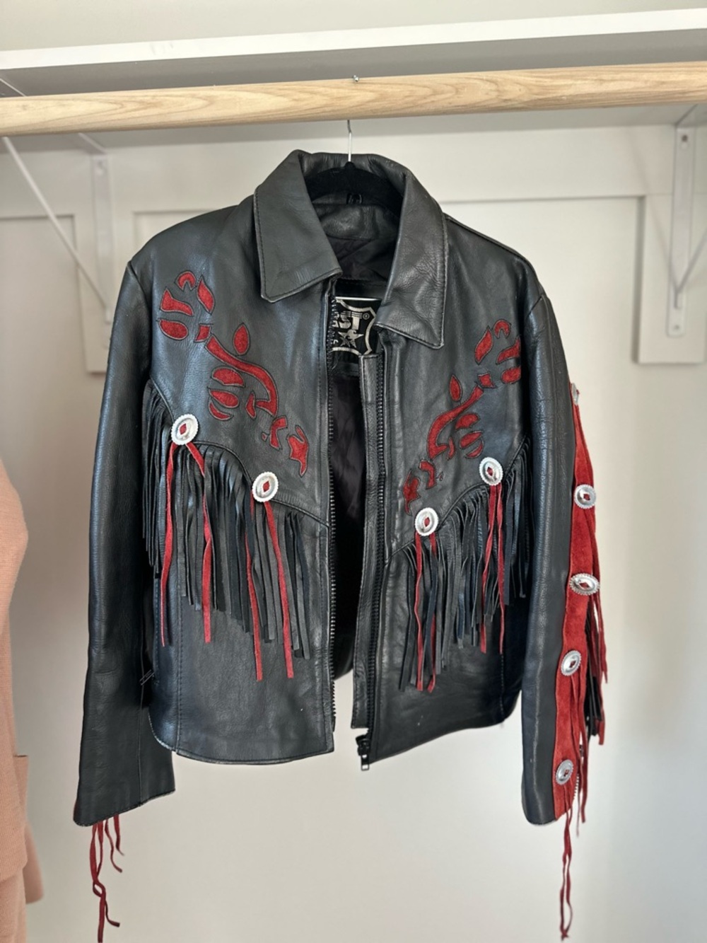 Black Leather Fringe Jacket with Red Suede Accents